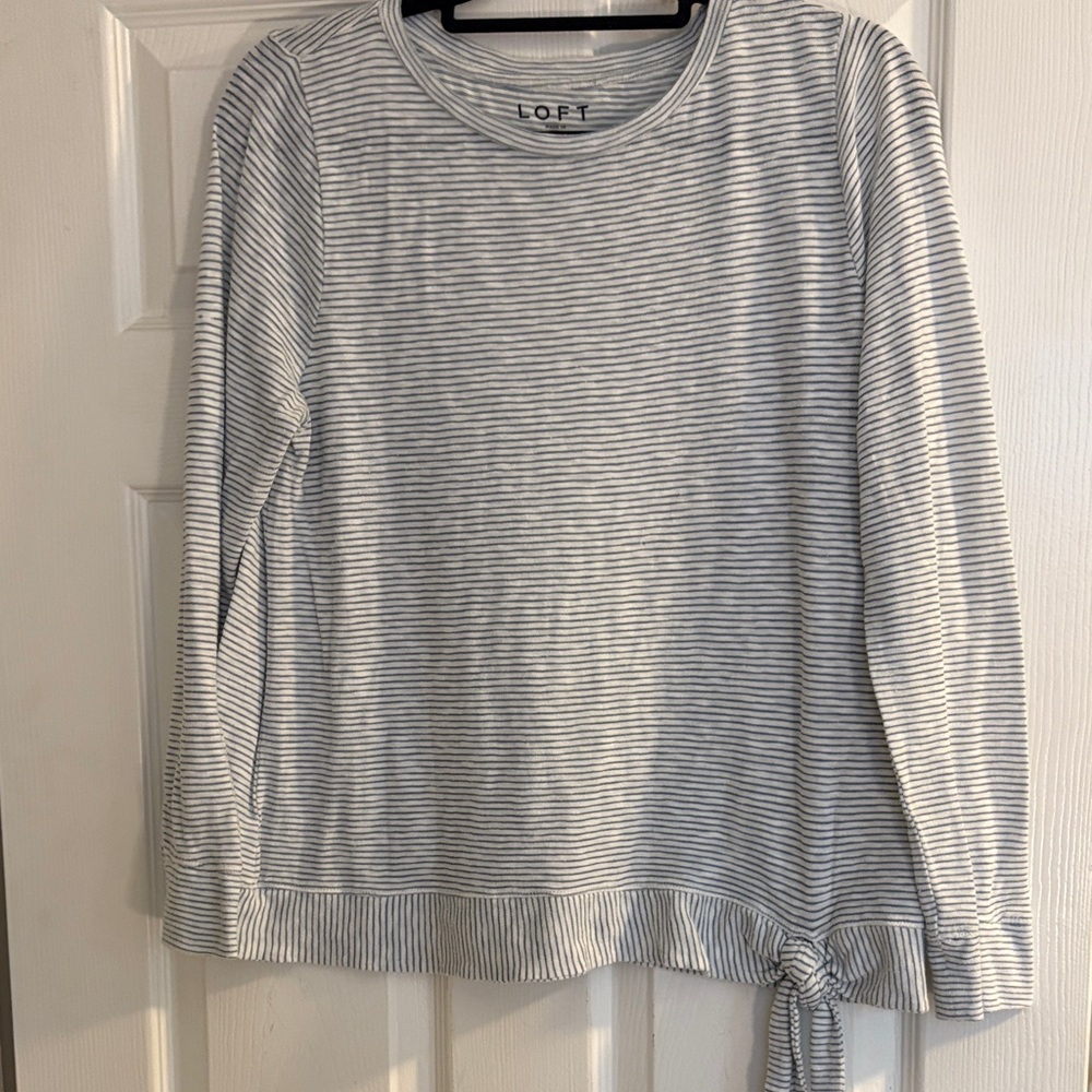 LOFT light blue and white Striped Tie Hem Top